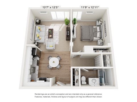 Floor plan for 1 bed, 1 bath, 707 sqft